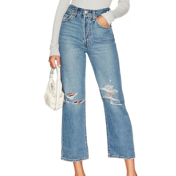 Levi's Premium Ribcage Straight Ankle Jeans Revolve Blue Ripped Size 24 x 27 - Picture 1 of 11